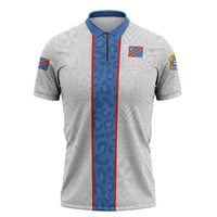 Custom DR Congo Football Zipper Polo Shirt Leopards Mix Kuba Raffia Pattern - Wonder Print Shop