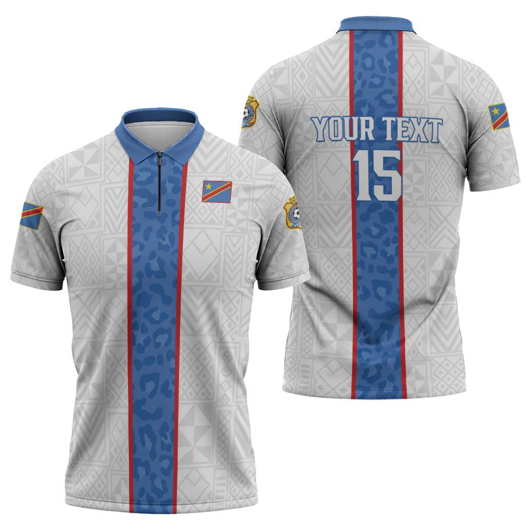 Custom DR Congo Football Zipper Polo Shirt Leopards Mix Kuba Raffia Pattern - Wonder Print Shop