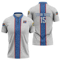 Custom DR Congo Football Zipper Polo Shirt Leopards Mix Kuba Raffia Pattern - Wonder Print Shop