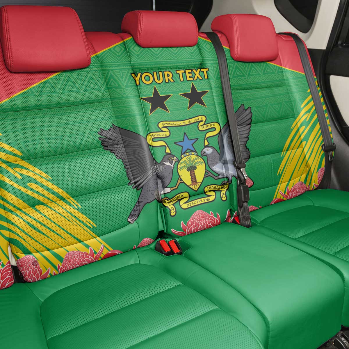 Personalised Sao Tome and Principe Back Car Seat Cover Coat Of Arms With Porcelana Rose - Wonder Print Shop