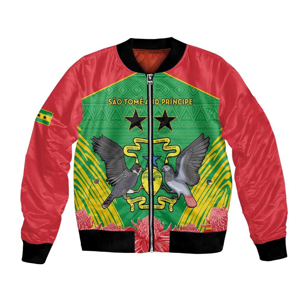 Personalised Sao Tome and Principe Bomber Jacket Coat Of Arms With Porcelana Rose - Wonder Print Shop