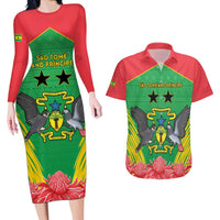 Personalised Sao Tome and Principe Couples Matching Long Sleeve Bodycon Dress and Hawaiian Shirt Coat Of Arms With Porcelana Rose