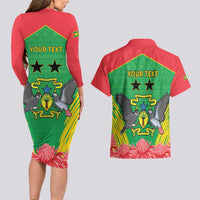 Personalised Sao Tome and Principe Couples Matching Long Sleeve Bodycon Dress and Hawaiian Shirt Coat Of Arms With Porcelana Rose