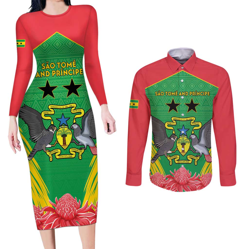 Personalised Sao Tome and Principe Couples Matching Long Sleeve Bodycon Dress and Long Sleeve Button Shirt Coat Of Arms With Porcelana Rose