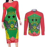 Personalised Sao Tome and Principe Couples Matching Long Sleeve Bodycon Dress and Long Sleeve Button Shirt Coat Of Arms With Porcelana Rose