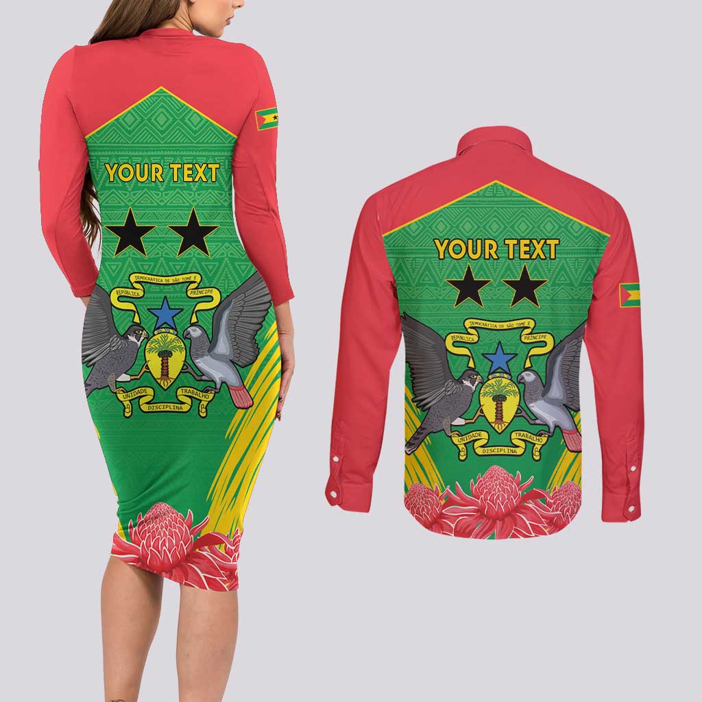 Personalised Sao Tome and Principe Couples Matching Long Sleeve Bodycon Dress and Long Sleeve Button Shirt Coat Of Arms With Porcelana Rose