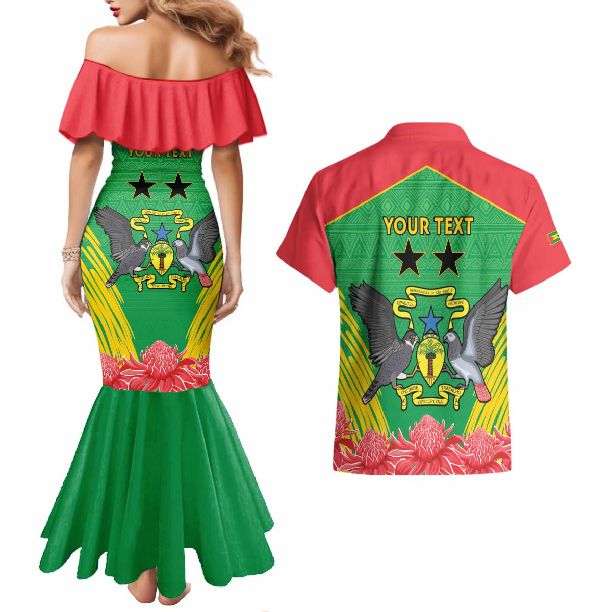 Personalised Sao Tome and Principe Couples Matching Mermaid Dress and Hawaiian Shirt Coat Of Arms With Porcelana Rose