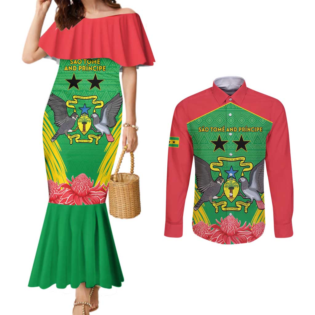 Personalised Sao Tome and Principe Couples Matching Mermaid Dress and Long Sleeve Button Shirt Coat Of Arms With Porcelana Rose