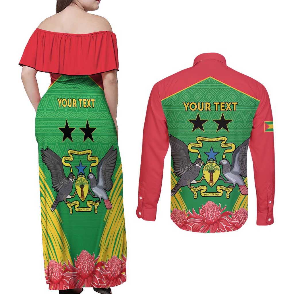 Personalised Sao Tome and Principe Couples Matching Off Shoulder Maxi Dress and Long Sleeve Button Shirt Coat Of Arms With Porcelana Rose