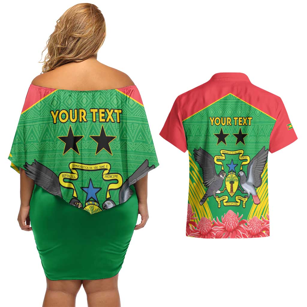 Personalised Sao Tome and Principe Couples Matching Off Shoulder Short Dress and Hawaiian Shirt Coat Of Arms With Porcelana Rose