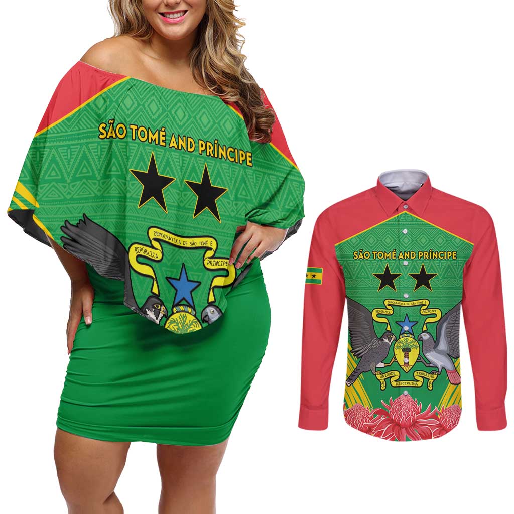 Personalised Sao Tome and Principe Couples Matching Off Shoulder Short Dress and Long Sleeve Button Shirt Coat Of Arms With Porcelana Rose