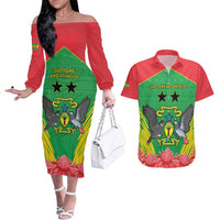 Personalised Sao Tome and Principe Couples Matching Off The Shoulder Long Sleeve Dress and Hawaiian Shirt Coat Of Arms With Porcelana Rose