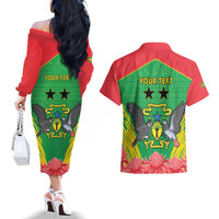 Personalised Sao Tome and Principe Couples Matching Off The Shoulder Long Sleeve Dress and Hawaiian Shirt Coat Of Arms With Porcelana Rose