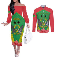 Personalised Sao Tome and Principe Couples Matching Off The Shoulder Long Sleeve Dress and Long Sleeve Button Shirt Coat Of Arms With Porcelana Rose