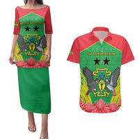 Personalised Sao Tome and Principe Couples Matching Puletasi and Hawaiian Shirt Coat Of Arms With Porcelana Rose
