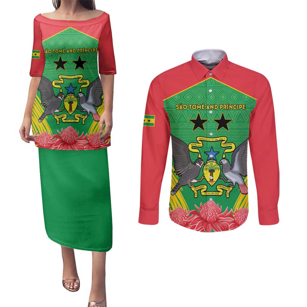 Personalised Sao Tome and Principe Couples Matching Puletasi and Long Sleeve Button Shirt Coat Of Arms With Porcelana Rose