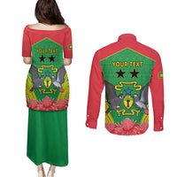 Personalised Sao Tome and Principe Couples Matching Puletasi and Long Sleeve Button Shirt Coat Of Arms With Porcelana Rose