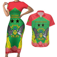 Personalised Sao Tome and Principe Couples Matching Short Sleeve Bodycon Dress and Hawaiian Shirt Coat Of Arms With Porcelana Rose