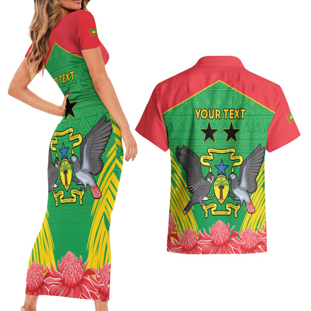 Personalised Sao Tome and Principe Couples Matching Short Sleeve Bodycon Dress and Hawaiian Shirt Coat Of Arms With Porcelana Rose
