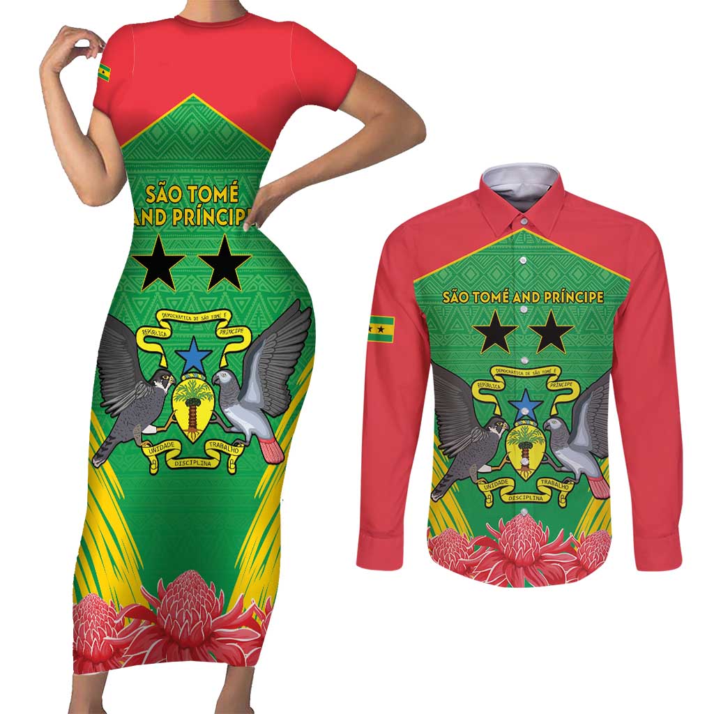 Personalised Sao Tome and Principe Couples Matching Short Sleeve Bodycon Dress and Long Sleeve Button Shirt Coat Of Arms With Porcelana Rose