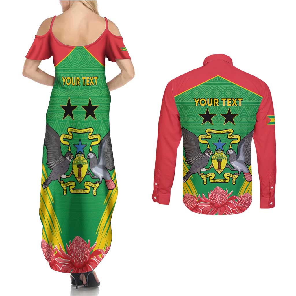 Personalised Sao Tome and Principe Couples Matching Summer Maxi Dress and Long Sleeve Button Shirt Coat Of Arms With Porcelana Rose
