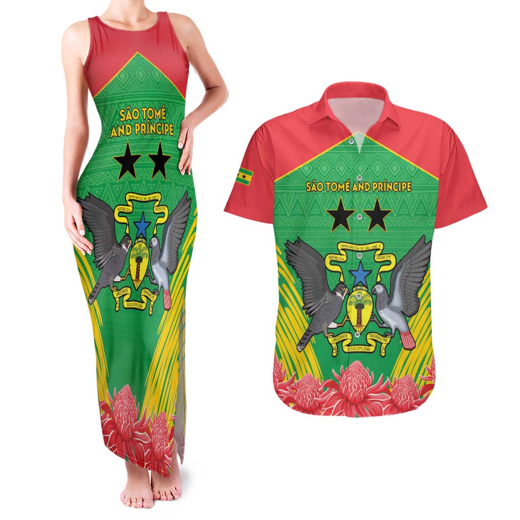 Personalised Sao Tome and Principe Couples Matching Tank Maxi Dress and Hawaiian Shirt Coat Of Arms With Porcelana Rose