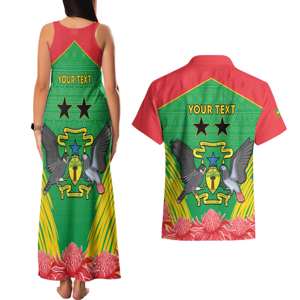 Personalised Sao Tome and Principe Couples Matching Tank Maxi Dress and Hawaiian Shirt Coat Of Arms With Porcelana Rose