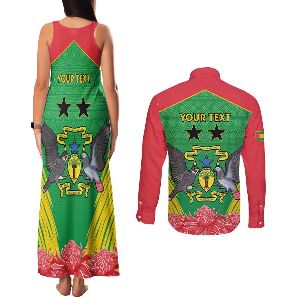 Personalised Sao Tome and Principe Couples Matching Tank Maxi Dress and Long Sleeve Button Shirt Coat Of Arms With Porcelana Rose