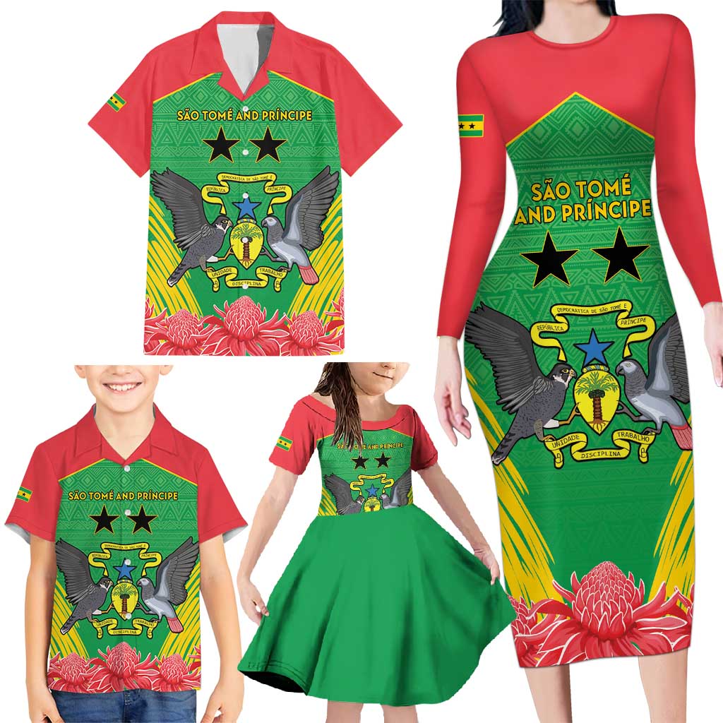 Personalised Sao Tome and Principe Family Matching Long Sleeve Bodycon Dress and Hawaiian Shirt Coat Of Arms With Porcelana Rose - Wonder Print Shop