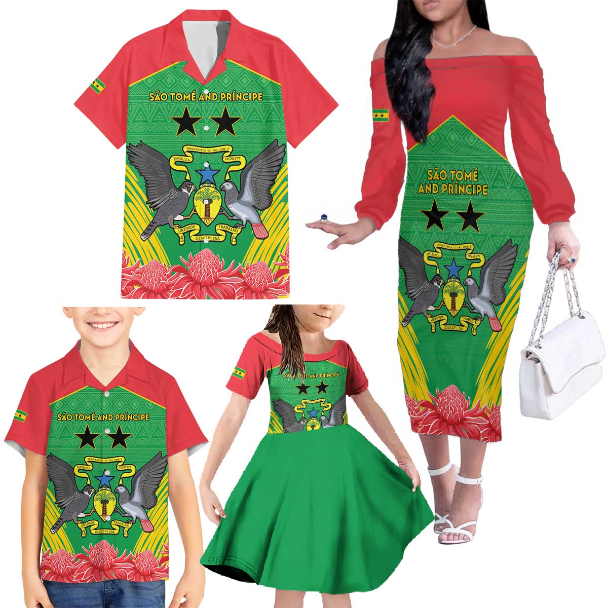 Personalised Sao Tome and Principe Family Matching Off The Shoulder Long Sleeve Dress and Hawaiian Shirt Coat Of Arms With Porcelana Rose