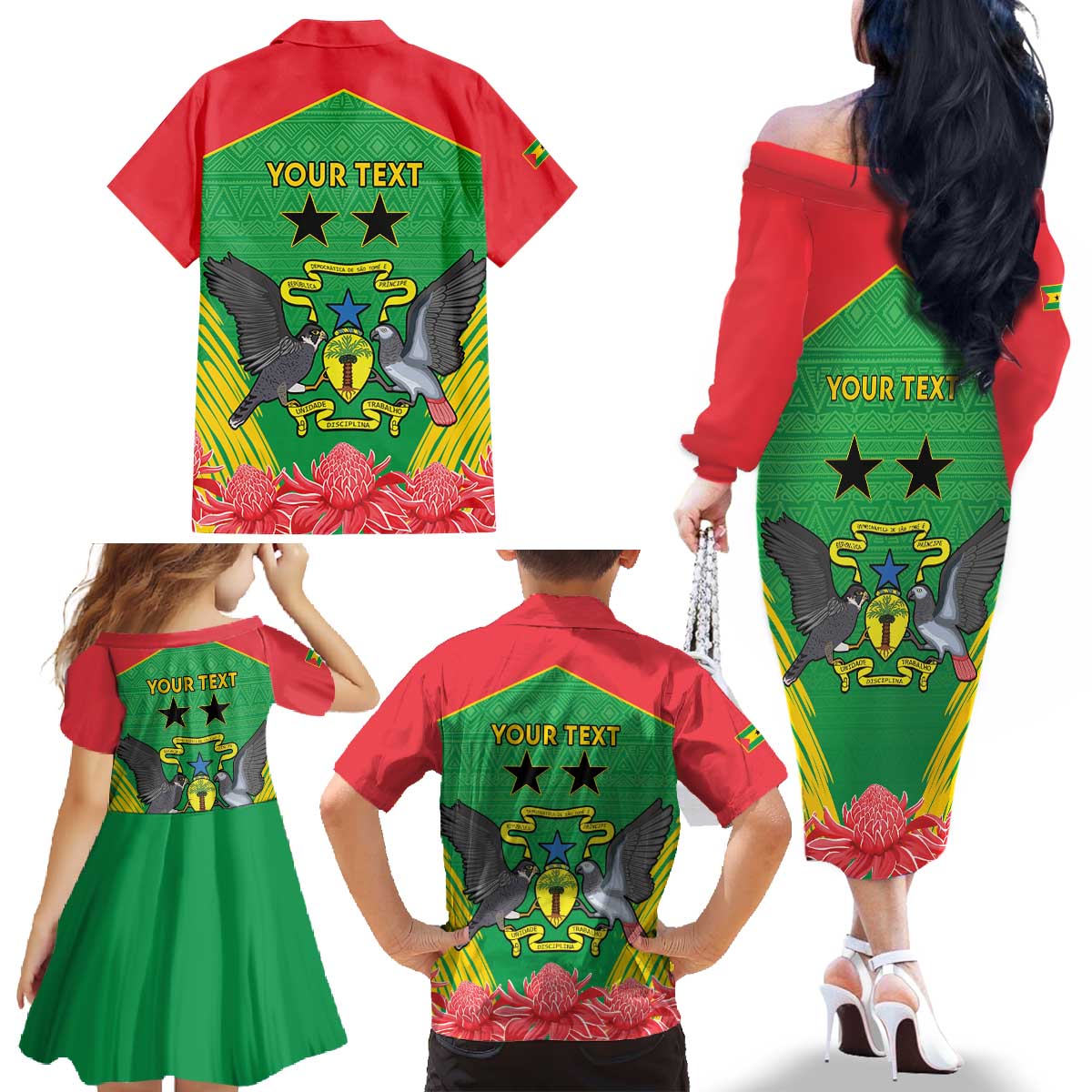 Personalised Sao Tome and Principe Family Matching Off The Shoulder Long Sleeve Dress and Hawaiian Shirt Coat Of Arms With Porcelana Rose