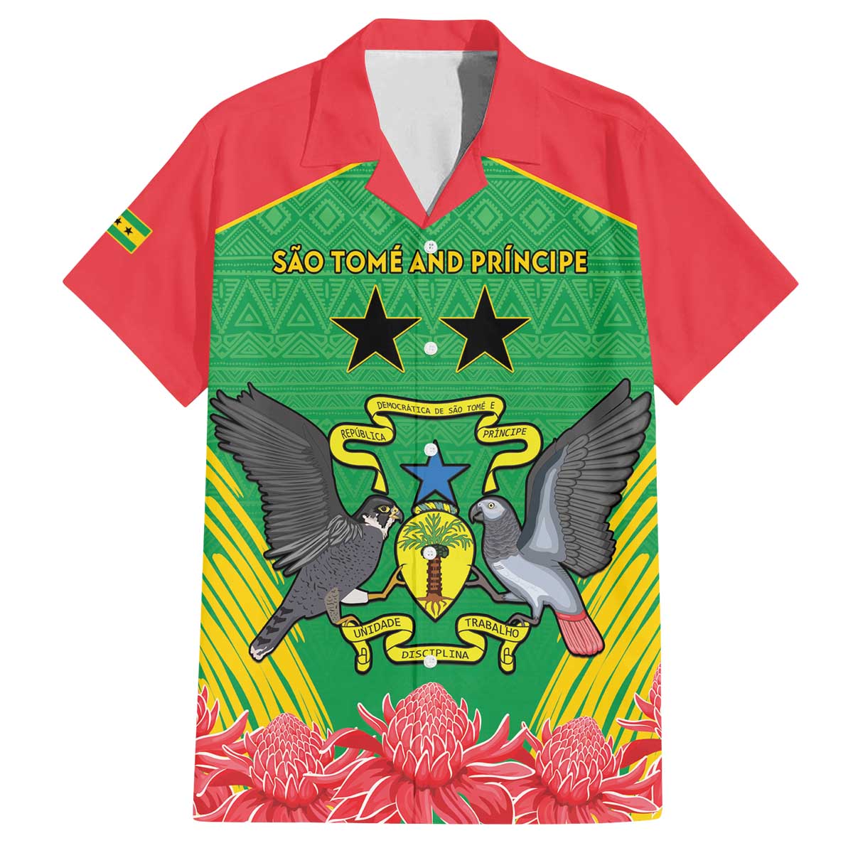 Personalised Sao Tome and Principe Family Matching Off The Shoulder Long Sleeve Dress and Hawaiian Shirt Coat Of Arms With Porcelana Rose