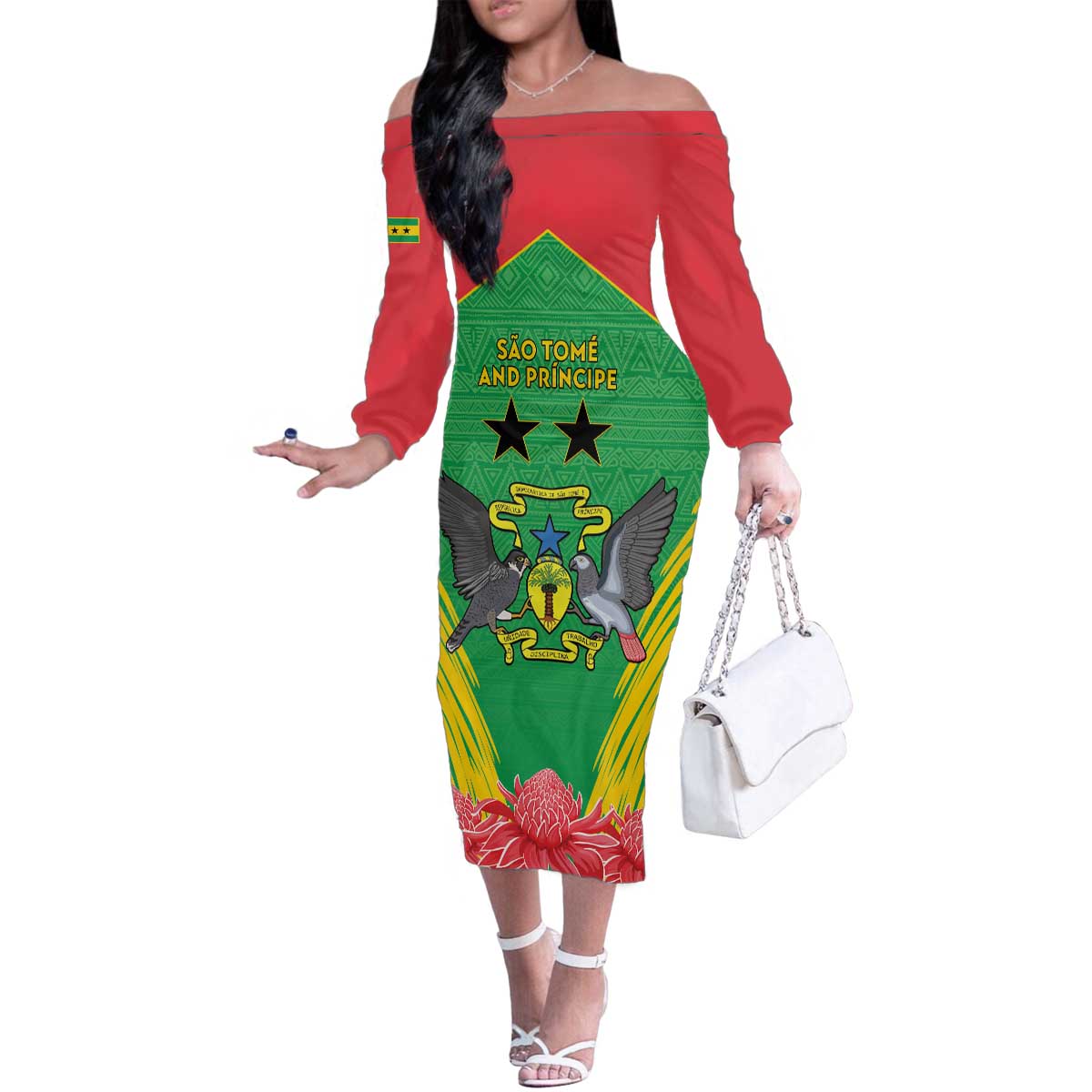 Personalised Sao Tome and Principe Family Matching Off The Shoulder Long Sleeve Dress and Hawaiian Shirt Coat Of Arms With Porcelana Rose