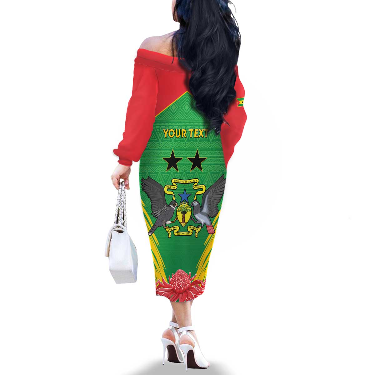 Personalised Sao Tome and Principe Family Matching Off The Shoulder Long Sleeve Dress and Hawaiian Shirt Coat Of Arms With Porcelana Rose