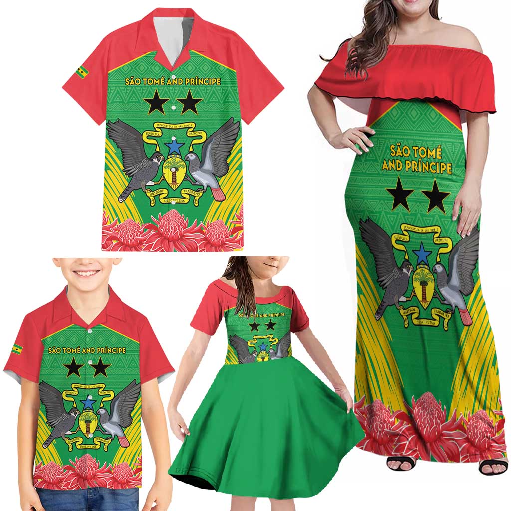 Personalised Sao Tome and Principe Family Matching Off Shoulder Maxi Dress and Hawaiian Shirt Coat Of Arms With Porcelana Rose - Wonder Print Shop