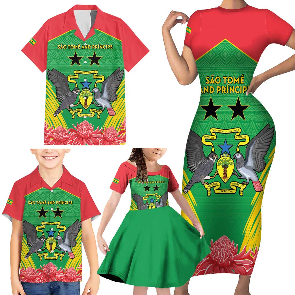 Personalised Sao Tome and Principe Family Matching Short Sleeve Bodycon Dress and Hawaiian Shirt Coat Of Arms With Porcelana Rose - Wonder Print Shop