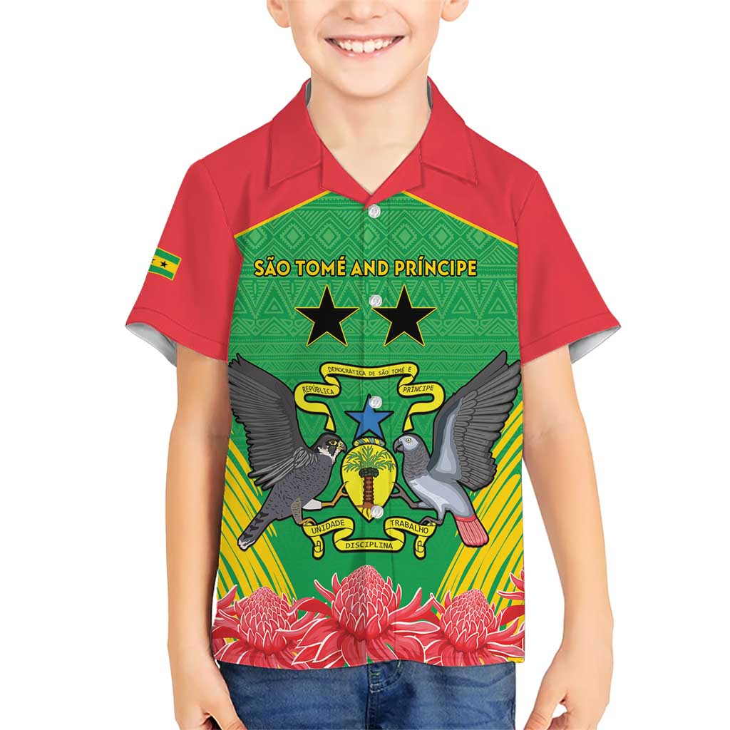 Personalised Sao Tome and Principe Family Matching Short Sleeve Bodycon Dress and Hawaiian Shirt Coat Of Arms With Porcelana Rose - Wonder Print Shop