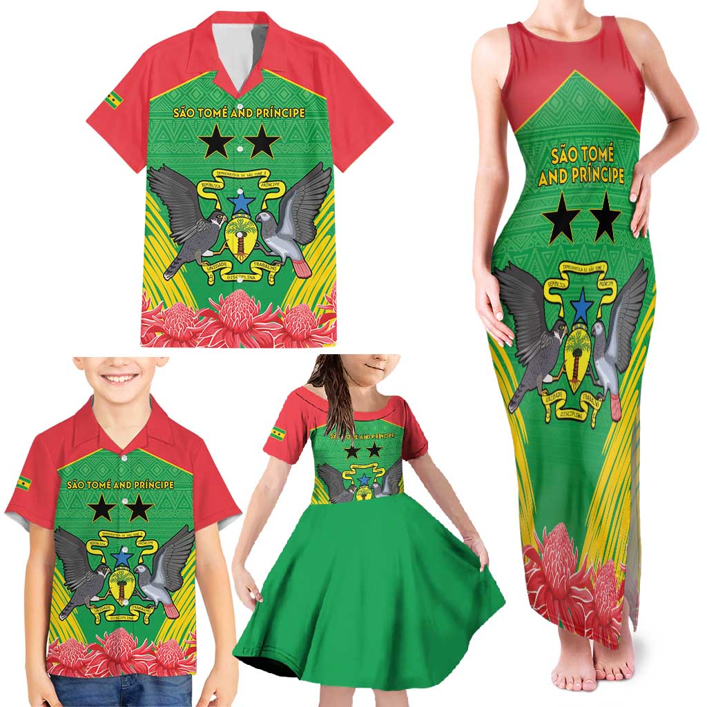 Personalised Sao Tome and Principe Family Matching Tank Maxi Dress and Hawaiian Shirt Coat Of Arms With Porcelana Rose - Wonder Print Shop