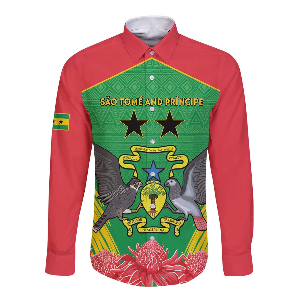 Personalised Sao Tome and Principe Long Sleeve Button Shirt Coat Of Arms With Porcelana Rose