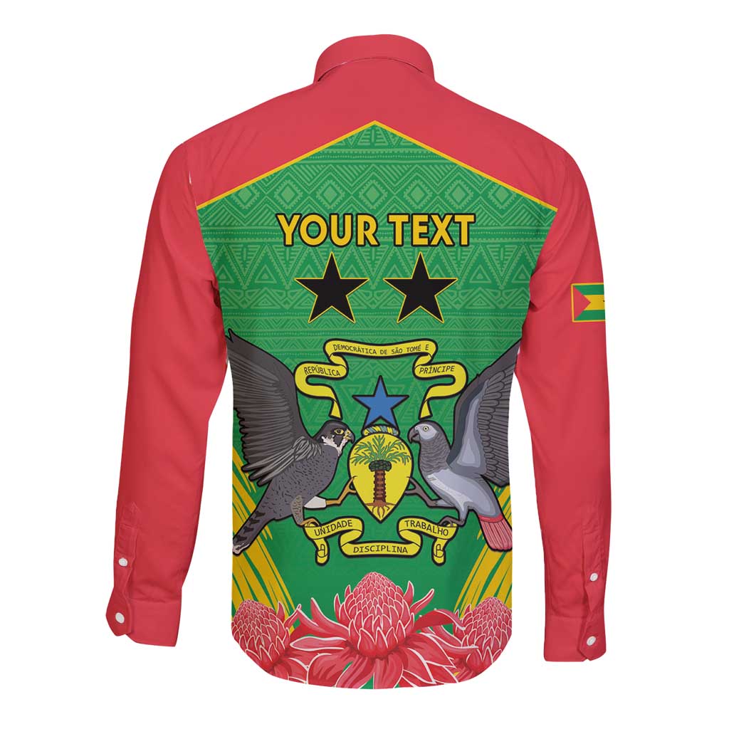 Personalised Sao Tome and Principe Long Sleeve Button Shirt Coat Of Arms With Porcelana Rose