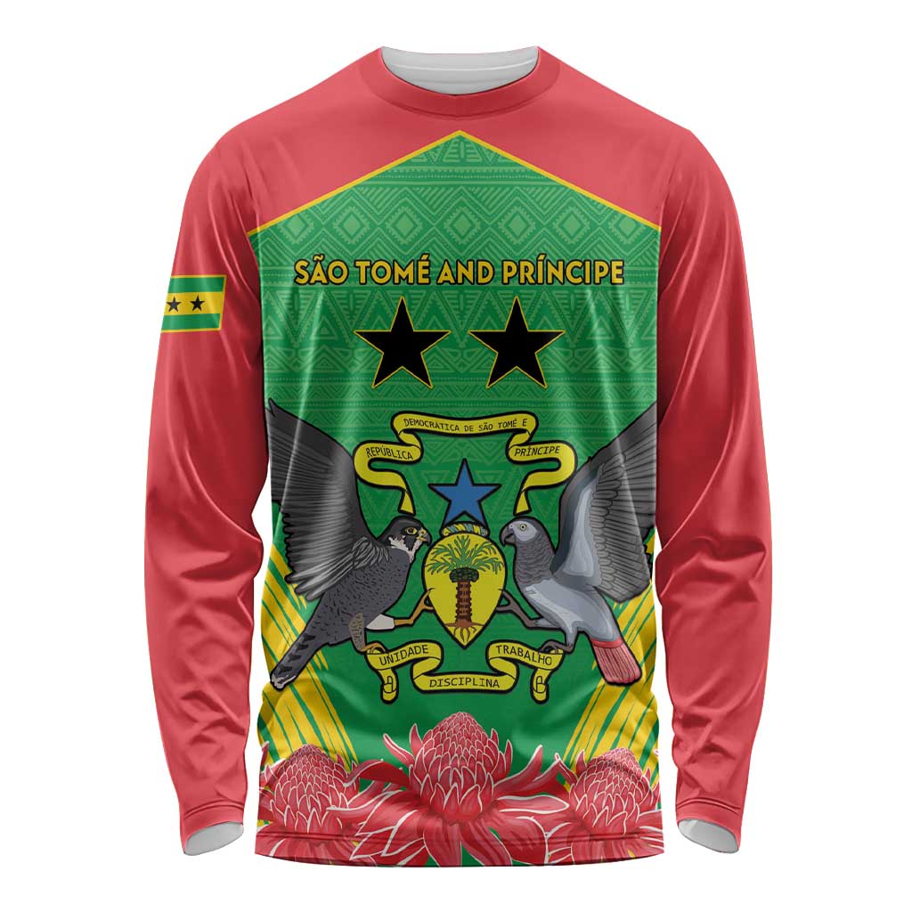 Personalised Sao Tome and Principe Long Sleeve Shirt Coat Of Arms With Porcelana Rose - Wonder Print Shop