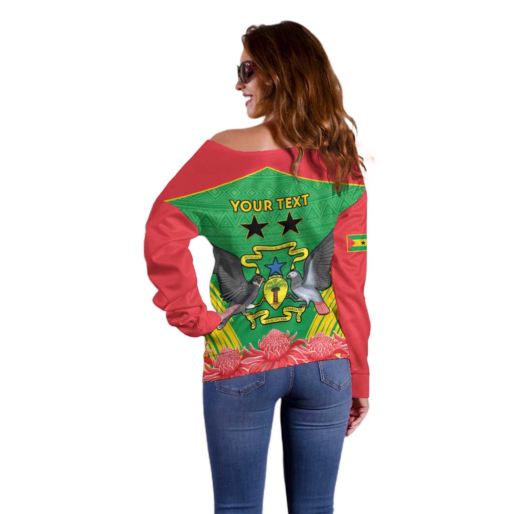 Personalised Sao Tome and Principe Off Shoulder Sweater Coat Of Arms With Porcelana Rose - Wonder Print Shop