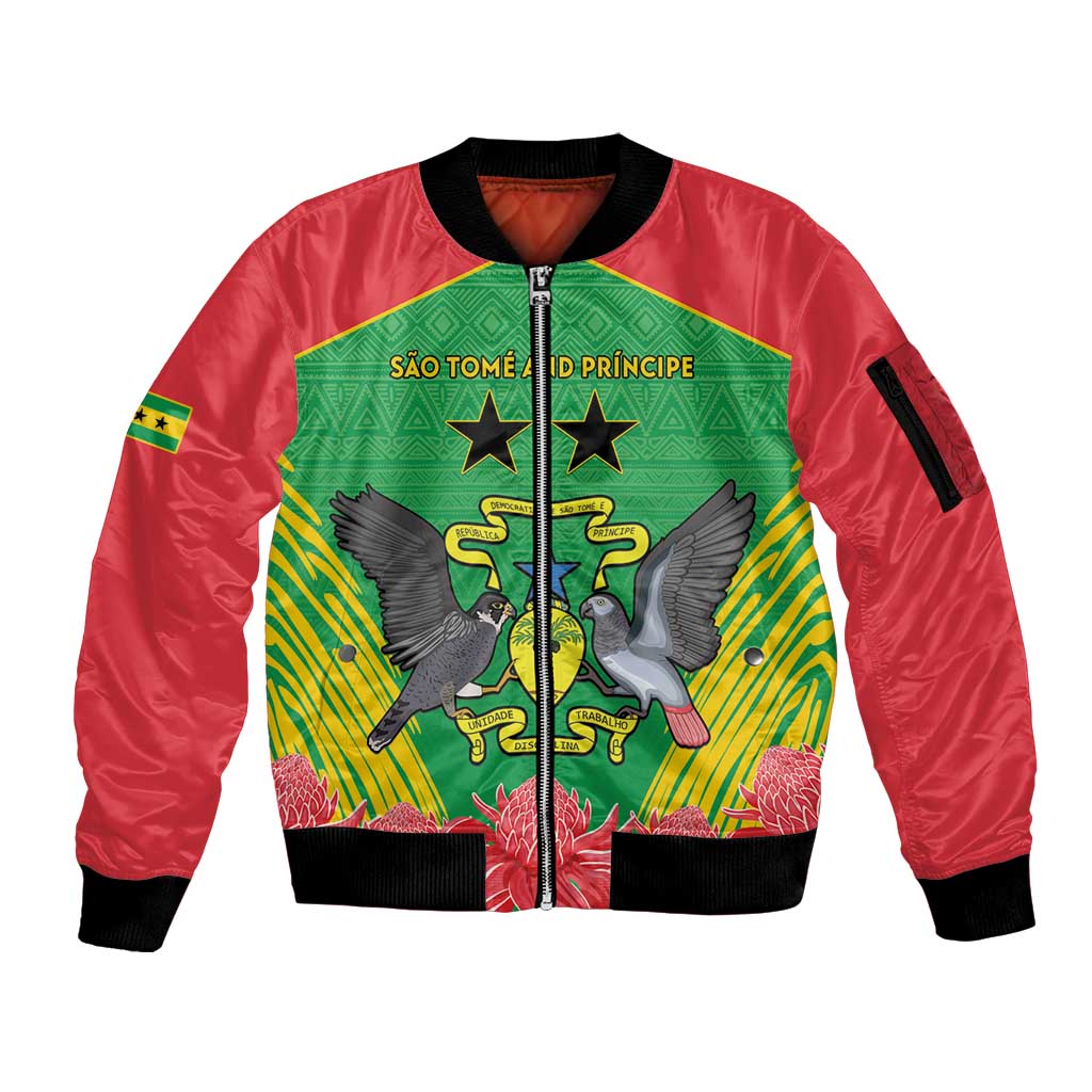 Personalised Sao Tome and Principe Sleeve Zip Bomber Jacket Coat Of Arms With Porcelana Rose - Wonder Print Shop