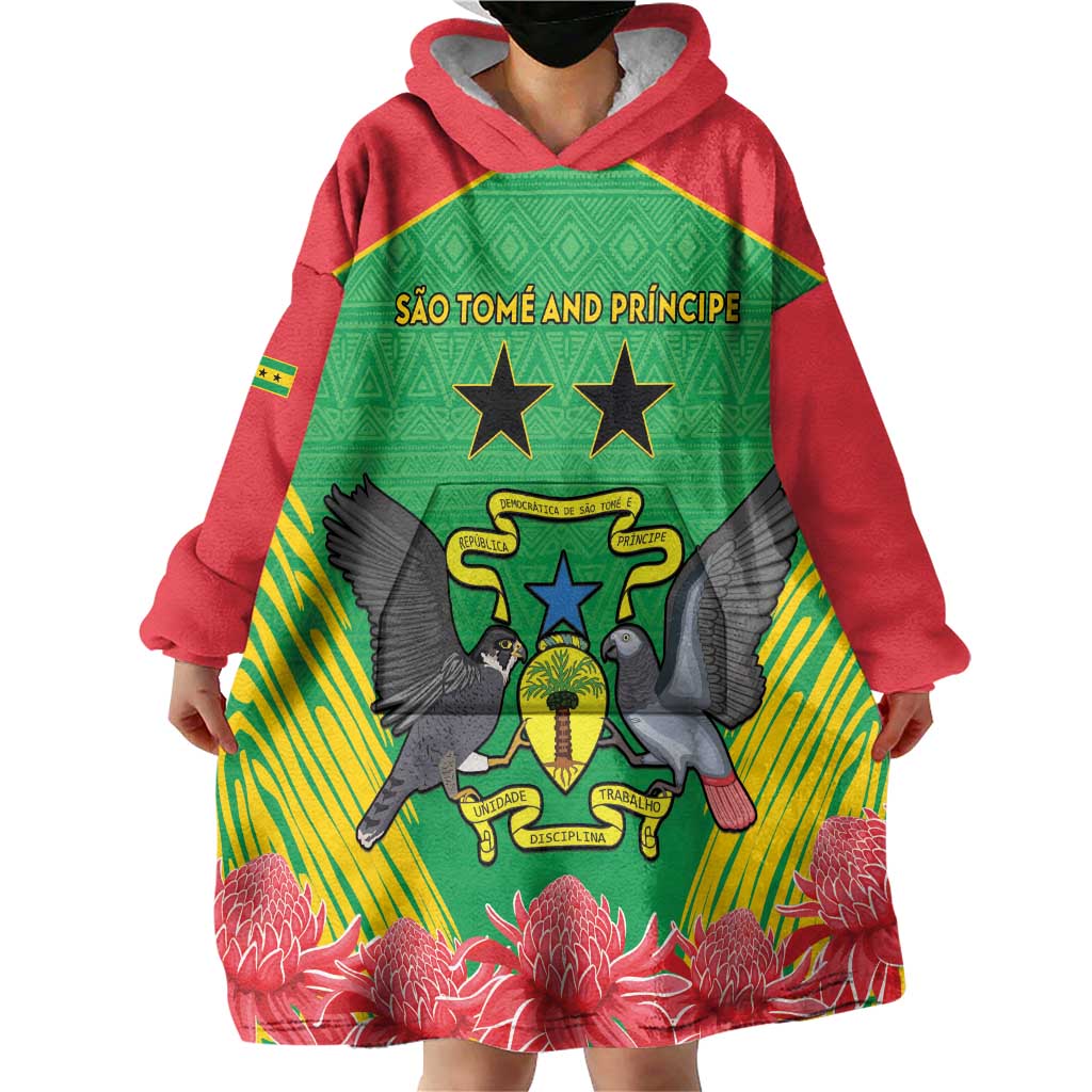 Personalised Sao Tome and Principe Wearable Blanket Hoodie Coat Of Arms With Porcelana Rose - Wonder Print Shop