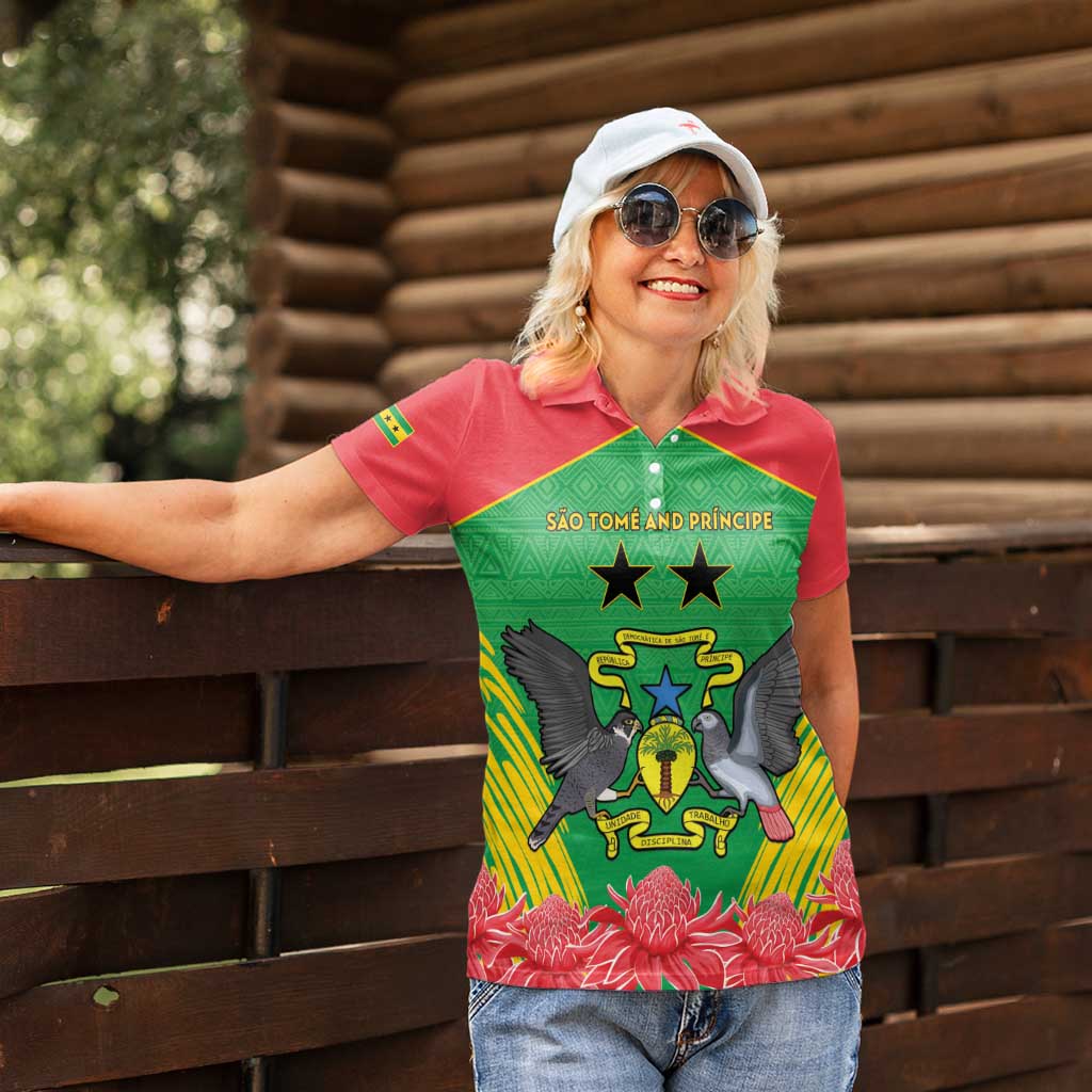 Personalised Sao Tome and Principe Women Polo Shirt Coat Of Arms With Porcelana Rose - Wonder Print Shop