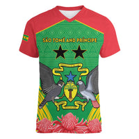 Personalised Sao Tome and Principe Women V-Neck T-Shirt Coat Of Arms With Porcelana Rose - Wonder Print Shop