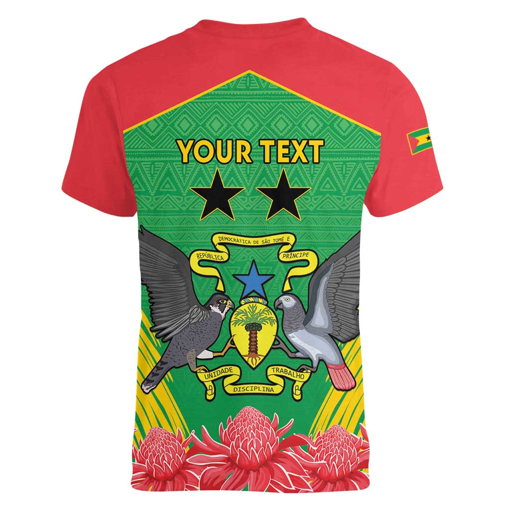 Personalised Sao Tome and Principe Women V-Neck T-Shirt Coat Of Arms With Porcelana Rose - Wonder Print Shop
