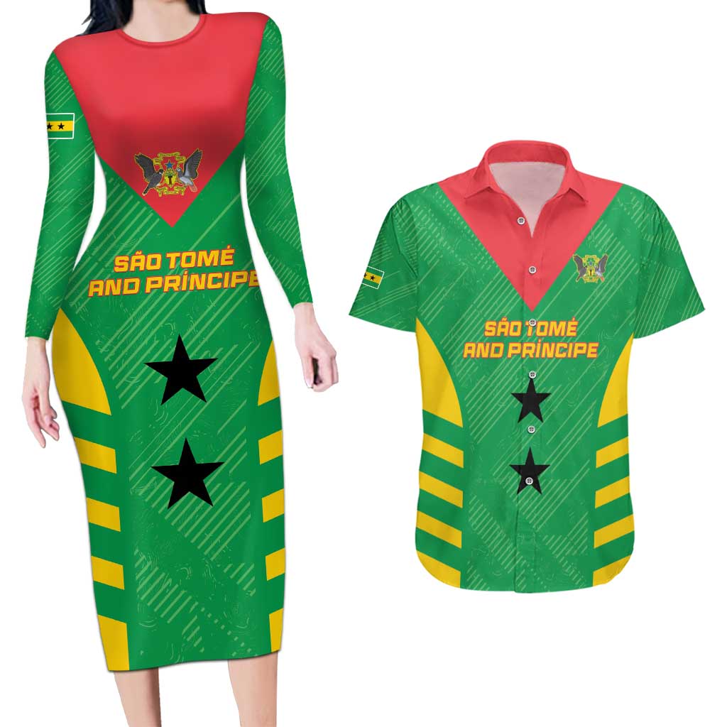 Custom Sao Tome and Principe Football Couples Matching Long Sleeve Bodycon Dress and Hawaiian Shirt Go Champions - Green Ver