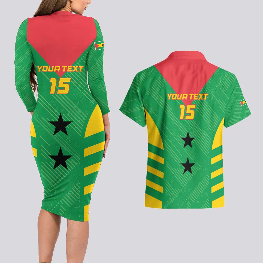 Custom Sao Tome and Principe Football Couples Matching Long Sleeve Bodycon Dress and Hawaiian Shirt Go Champions - Green Ver