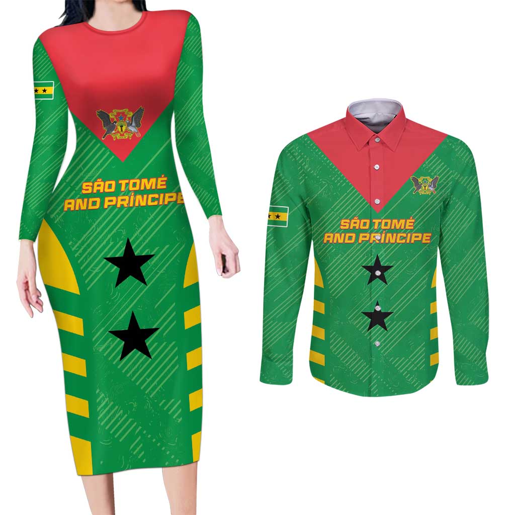 Custom Sao Tome and Principe Football Couples Matching Long Sleeve Bodycon Dress and Long Sleeve Button Shirt Go Champions - Green Ver